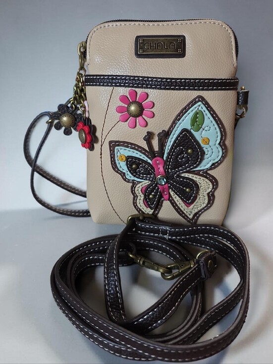 Chala Handbags - Chala Beige Crossbody Phone Bag with Multicolor Butterfly Appliqué NWT